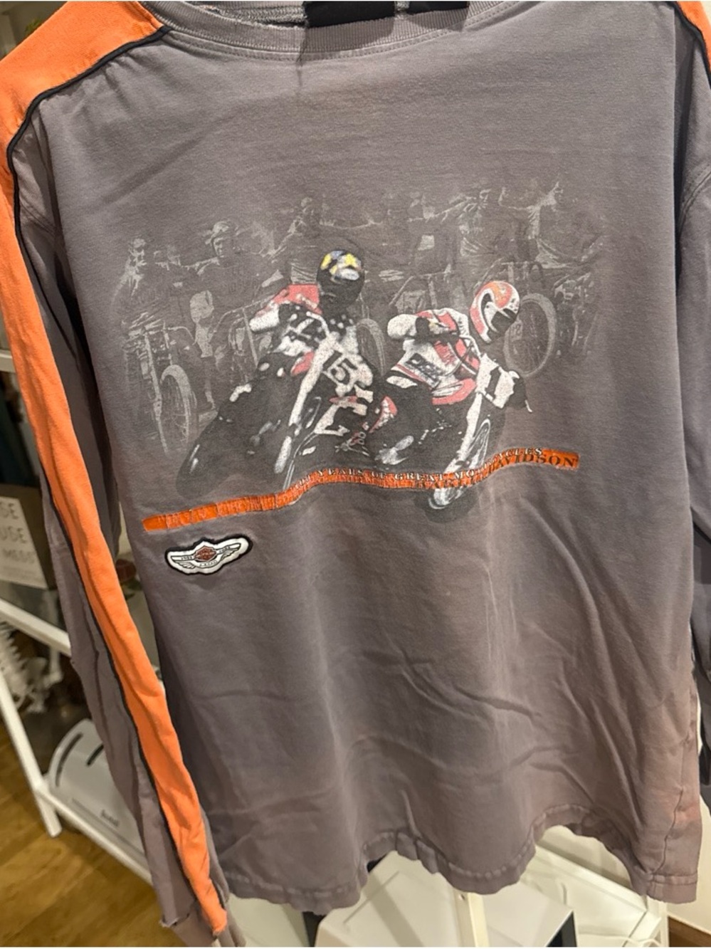 Harley-Davidson Gray Long Sleeve Racing Graphic Tee with Orange Stripes
